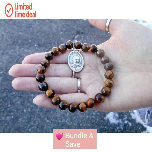 Stretch Tiger Eye Saint Pio Healing Bracelet Size Medium 7 Inch - Picture 4 of 8